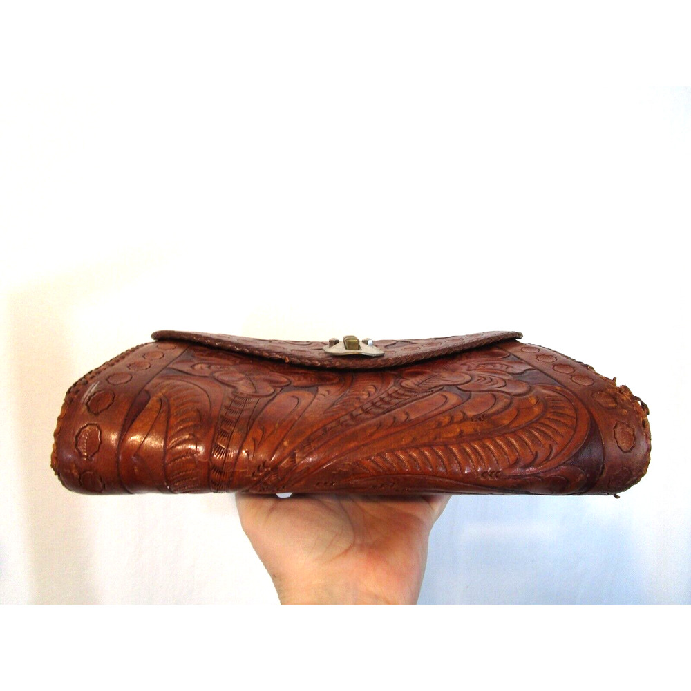 Vintage 70's Distressed Tooled Leather Clutch Purse - Picture 8 of 10